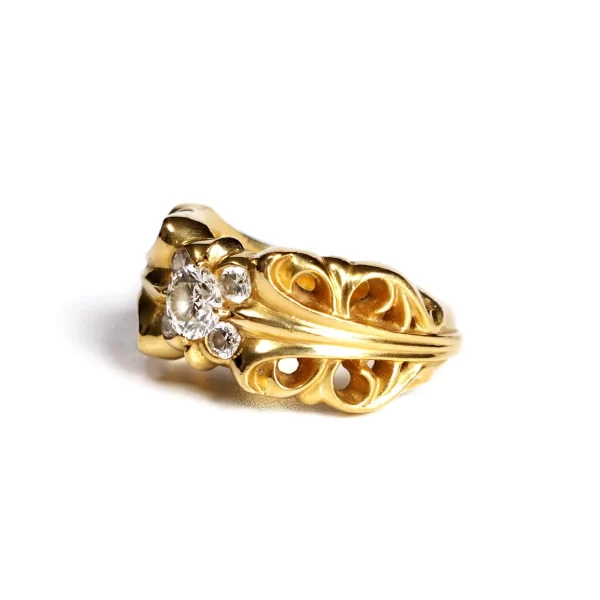 22K Gold Double Floral Ring With 5 Diamonds,